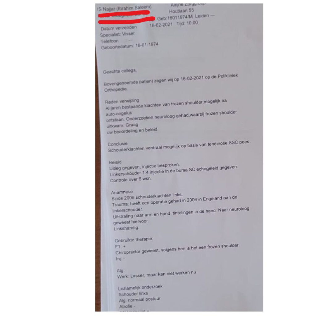Medisch dossier Ibrahim waaruit blijkt dat hij een frozen shoulder heeft.