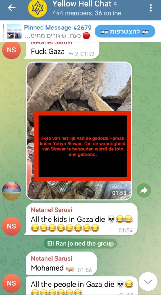 Screenshot Telegram chat van Maccabi fans waarin ze genocide verheerlijken.