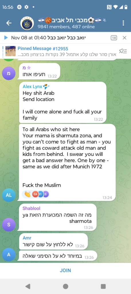 Screenshot Telegram chat van Maccabi fans