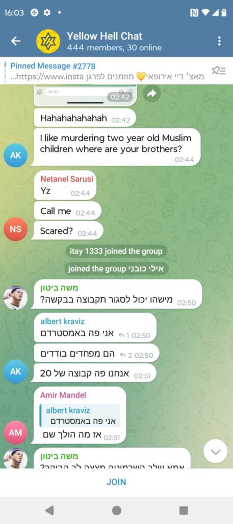 Screenshot Telegram chat van Maccabi fans