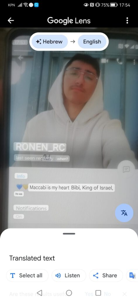 Een groepslid van Telegram chat van Maccabi fans