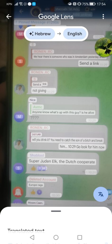 Screenshot Telegram chat van Maccabi fans